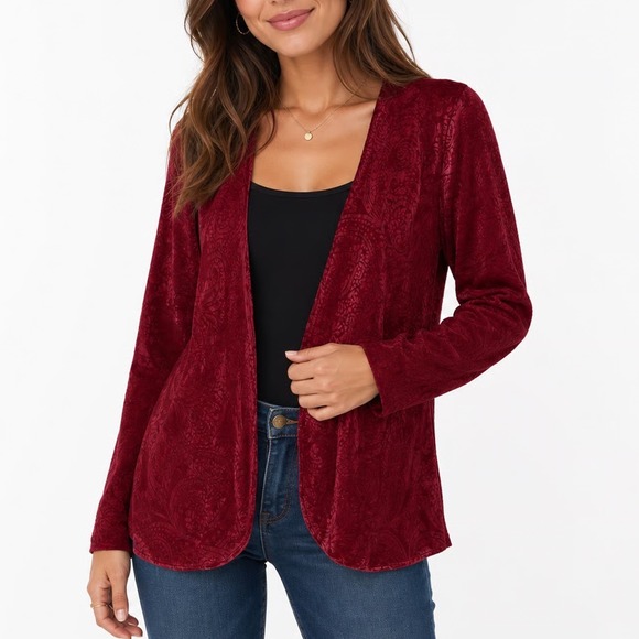 torrid Sweaters - Torrid Womens Plus Size 1 Burgundy Red Velvet Paisley Open Front Cardigan Jacket